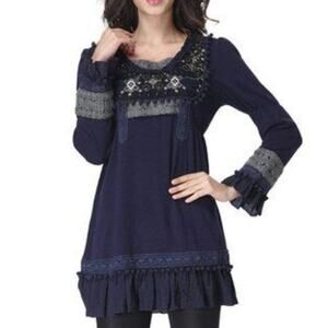 John Fashion navy long sleeve scoop neck women's boho sweater dress size Large